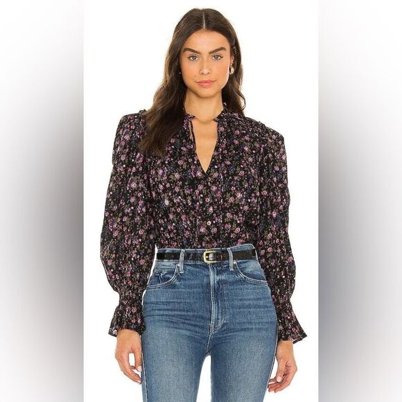 Free People Blouse Dark Floral NEW Black Purple Green Small - Picture 2 of 11